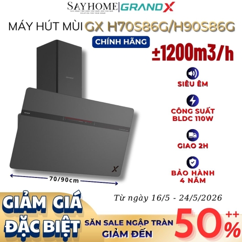 Máy hút mùi GrandX GX H70S86G/ GX H90S86G kính vát, áp tường, màu xám - Hàng chính hãng