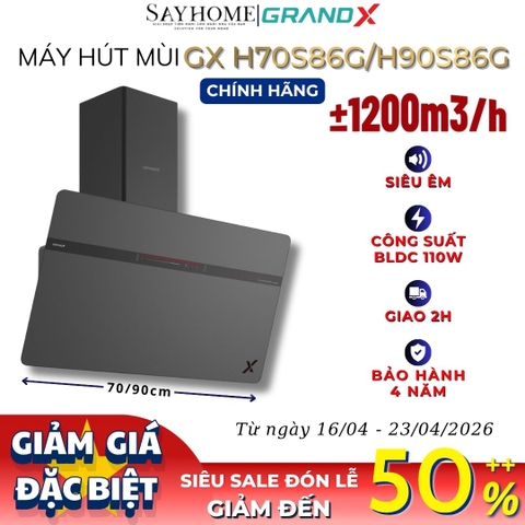 Máy hút mùi GrandX GX H70S86G/ GX H90S86G kính vát, áp tường, màu xám - Hàng chính hãng