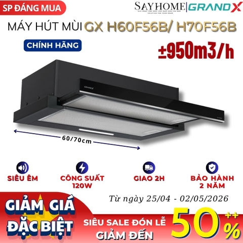 Máy hút mùi GrandX GX H60F56B / GX H70F56B âm tủ, ray kéo, màu đen - Hàng chính hãng