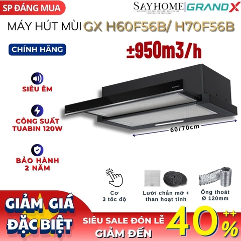 Máy hút mùi GrandX GX H60F56B / GX H70F56B âm tủ, ray kéo, màu đen - Hàng chính hãng
