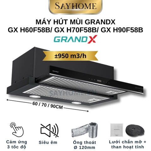 Máy hút mùi GrandX GX H60F58B/ GX H70F58B/ GX H90F58B âm tủ, ray kéo - Hàng chính hãng
