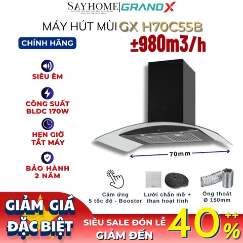 Máy hút mùi GrandX GX H70C55B kính cong, màu đen - Hàng chính hãng