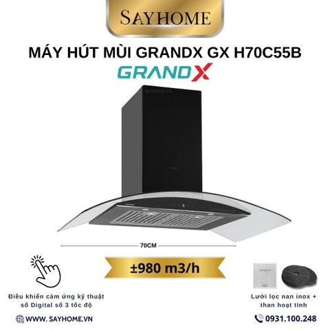 Máy hút mùi GrandX GX H70C55B kính cong, màu đen - Hàng chính hãng