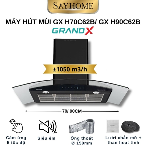 Máy hút mùi GrandX GX H70C62B/ GX H90C62B kính cong, màu đen - Hàng chính hãng