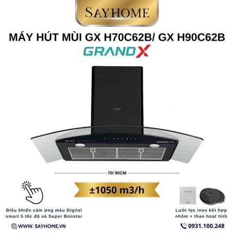 Máy hút mùi GrandX GX H70C62B/ GX H90C62B kính cong, màu đen - Hàng chính hãng
