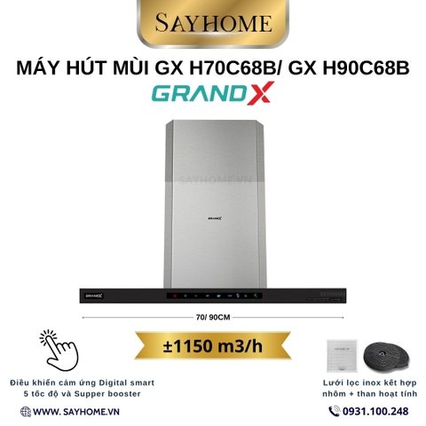 Máy hút mùi GrandX GX H70C68B/ GX H90C68B kính toa, áp tường - Hàng chính hãng