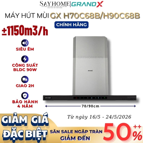 Máy hút mùi GrandX GX H70C68B/ GX H90C68B kính toa, áp tường - Hàng chính hãng