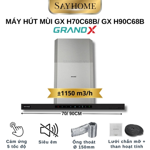 Máy hút mùi GrandX GX H70C68B/ GX H90C68B kính toa, áp tường - Hàng chính hãng