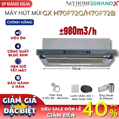Máy hút mùi GrandX GX H70F72G / GX H70F72B âm tủ, ray kéo - Hàng chính hãng