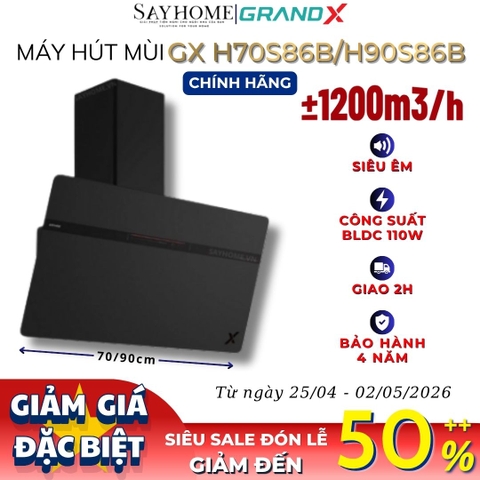Máy hút mùi GrandX GX H70S86B/ GX H90S86B kính vát, áp tường, màu đen - Hàng chính hãng