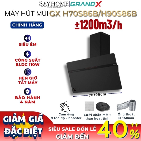 Máy hút mùi GrandX GX H70S86B/ GX H90S86B kính vát, áp tường, màu đen - Hàng chính hãng
