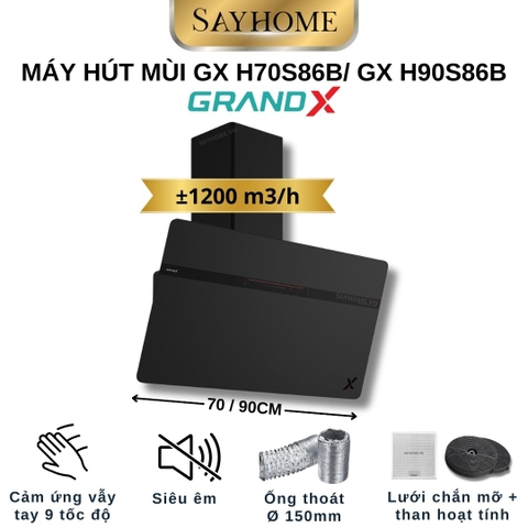 Máy hút mùi GrandX GX H70S86B/ GX H90S86B kính vát, áp tường, màu đen - Hàng chính hãng