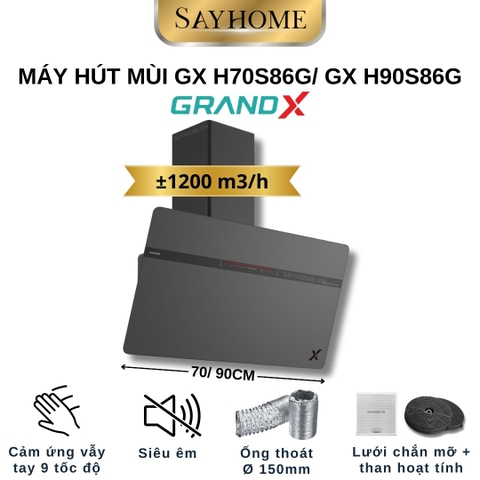 Máy hút mùi GrandX GX H70S86G/ GX H90S86G kính vát, áp tường, màu xám - Hàng chính hãng
