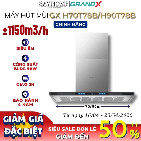 Máy hút mùi GrandX GX H70T78B/ GX H90T78B kính toa, áp tường, màu đen - Hàng chính hãng