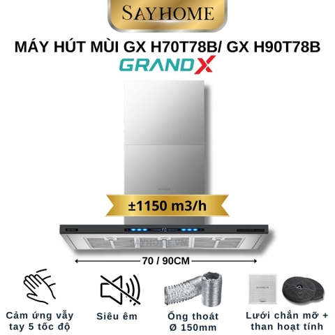 Máy hút mùi GrandX GX H70T78B/ GX H90T78B kính toa, áp tường, màu đen - Hàng chính hãng