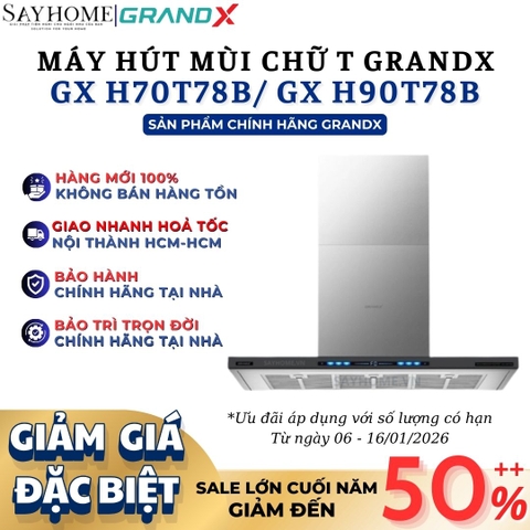 Máy hút mùi GrandX GX H70T78B/ GX H90T78B kính toa, áp tường, màu đen - Hàng chính hãng