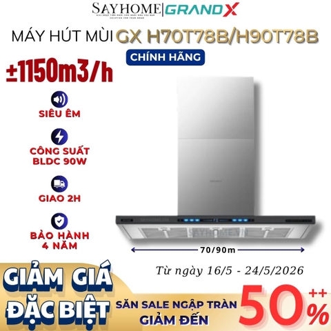 Máy hút mùi GrandX GX H70T78B/ GX H90T78B kính toa, áp tường, màu đen - Hàng chính hãng