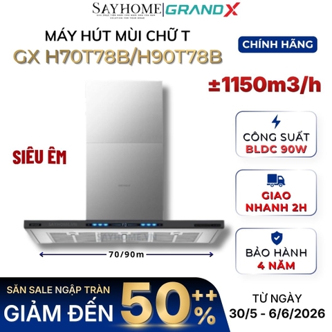Máy hút mùi GrandX GX H70T78B/ GX H90T78B kính toa, áp tường, màu đen - Hàng chính hãng
