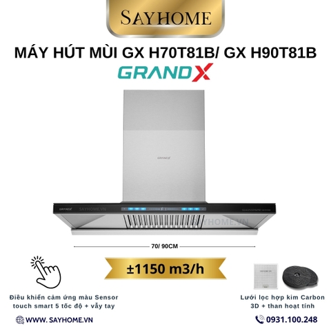 Máy hút mùi GrandX GX H70T81B / GX H90T81B kính toa, áp tường - Hàng chính hãng