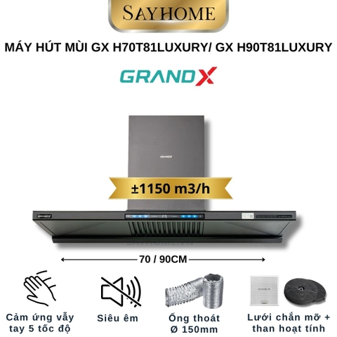 Máy hút mùi GrandX GX H70T81Luxury / GX H90T81Luxury kính toa, áp tường, màu đen titan - Hàng chính hãng
