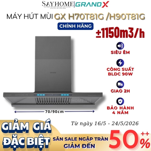 Máy hút mùi GrandX GX H70T81G / GX H90T81G kính toa, áp tường, màu xám titan - Hàng chính hãng