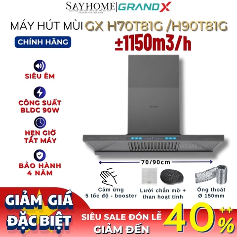 Máy hút mùi GrandX GX H70T81G / GX H90T81G kính toa, áp tường, màu xám titan - Hàng chính hãng