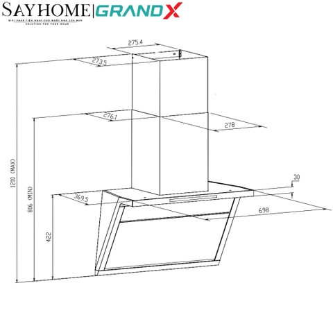 Máy hút mùi GrandX GX H70T88G/ GX H90T88G kính vát, áp tường - Hàng chính hãng