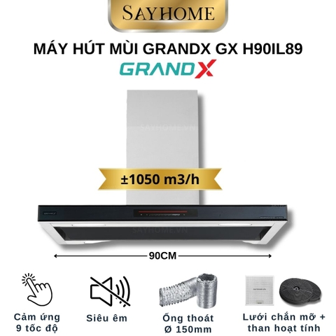 Máy hút mùi GrandX GX H90IL89 kính toa, treo đảo - Hàng chính hãng