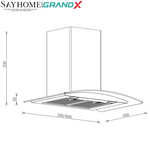 Máy hút mùi GrandX GX H70C55/ GX H90C55 kính cong - Hàng chính hãng