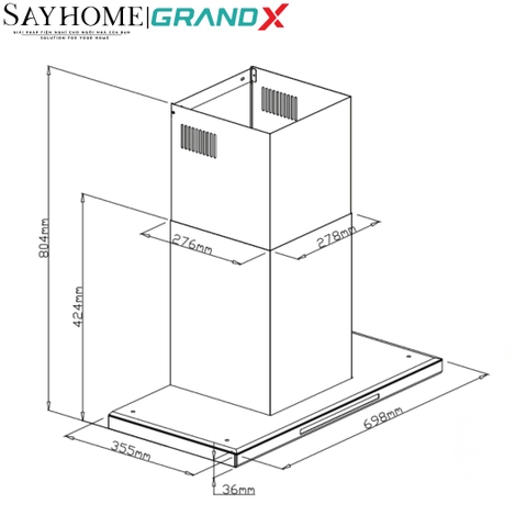 Máy hút mùi GrandX GX H70T78B/ GX H90T78B kính toa, áp tường, màu đen - Hàng chính hãng