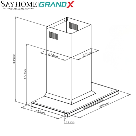 Máy hút mùi GrandX GX H70T81G / GX H90T81G kính toa, áp tường, màu xám titan - Hàng chính hãng
