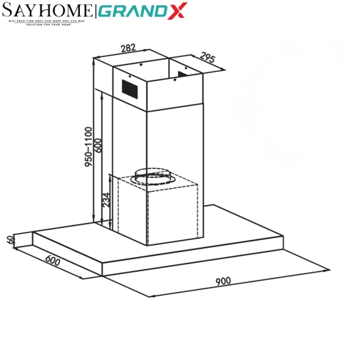Máy hút mùi GrandX GX H90IL89 kính toa, treo đảo - Hàng chính hãng