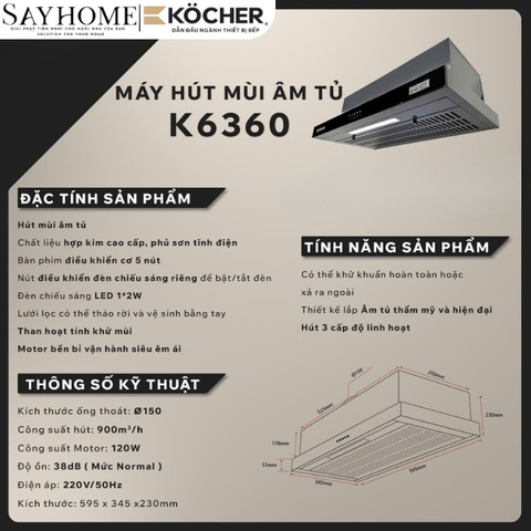 Máy hút mùi Kocher K6360 âm tủ, điều khiển cơ - Hàng chính hãng