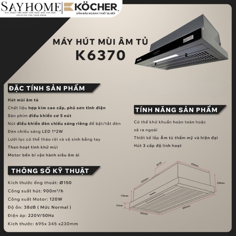 Máy hút mùi Kocher K6370 âm tủ, điều khiển cơ - Hàng chính hãng