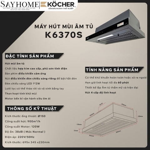 Máy hút mùi Kocher K6370S âm tủ, điều khiển cảm ứng - Hàng chính hãng