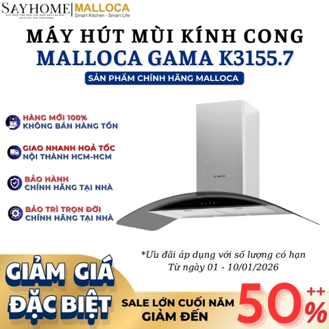 Máy hút mùi MALLOCA GAMA K3155.7 kính cong áp tường - Hàng chính hãng MALLOCA