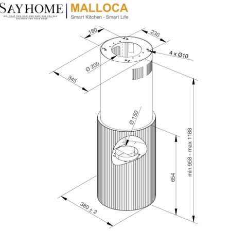 Máy hút mùi Malloca Monoblack K-382B treo độc lập - Hàng chính hãng Malloca