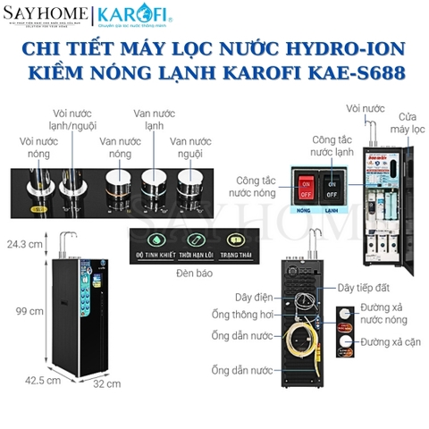 Máy lọc nước Karofi KAE-S688 Hydro-ion kiềm nóng lạnh 12 lõi lọc