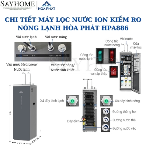 Máy lọc nước Hòa Phát HPA886 Hydrogen ion kiềm RO nóng lạnh HyperS