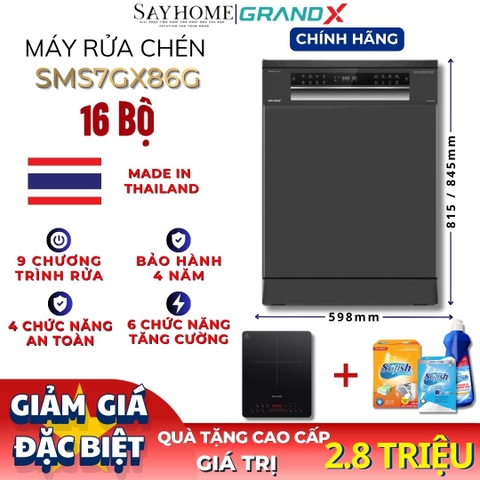 Máy rửa bát GrandX SMS7GX86G 16 bộ đồ ăn Châu Âu - Bảo hành chính hãng