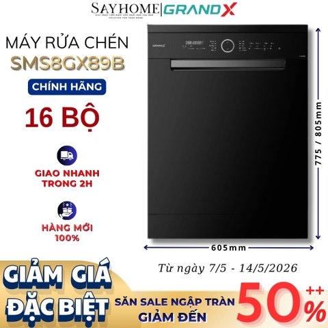 Máy rửa bát GrandX SMS8GX89B 16 bộ đồ ăn Châu Âu - Bảo hành chính hãng