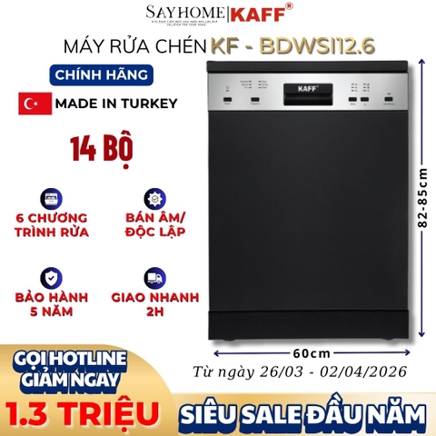 Máy rửa chén bát KAFF KF-BDWSI12.6 bán âm, độc lập 14 bộ đồ ăn Châu Âu - Bảo hành chính hãng 5 năm