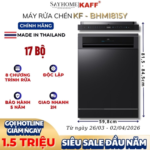 Máy rửa chén bát KAFF KF-BHMI815Y độc lập 17 bộ đồ ăn Châu Âu - Bảo hành chính hãng