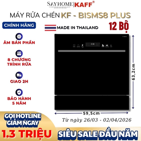 Máy rửa chén bát KAFF KF-BISMS8 PLUS âm bán phần 12 bộ đồ ăn Châu Âu - Bảo hành chính hãng 5 năm