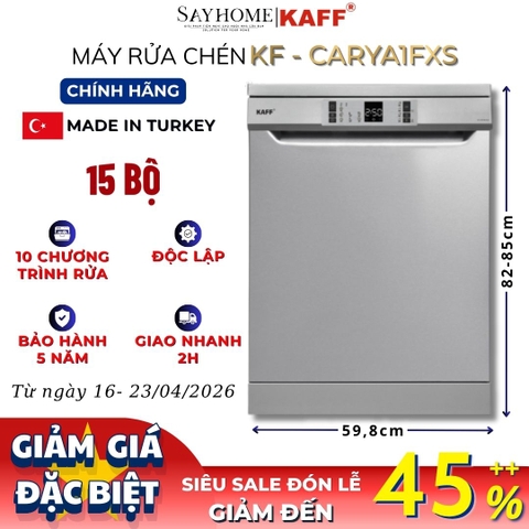 Máy rửa chén KAFF KF-CARYA1FXS độc lập 15 bộ đồ ăn Châu Âu - Hàng chính hãng
