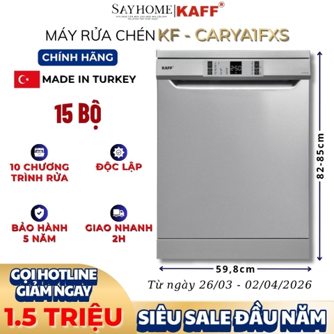 Máy rửa chén KAFF KF-CARYA1FXS độc lập 15 bộ đồ ăn Châu Âu - Hàng chính hãng