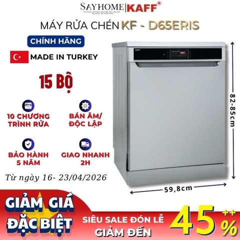 Máy rửa chén bát KAFF KF-D65ERIS bán âm, độc lập 15 bộ đồ ăn Châu Âu - Bảo hành chính hãng 5 năm