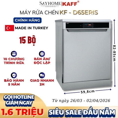Máy rửa chén bát KAFF KF-D65ERIS bán âm, độc lập 15 bộ đồ ăn Châu Âu - Bảo hành chính hãng 5 năm