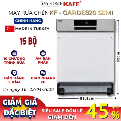 Máy rửa chén KAFF KF-GARDE820 SEMI âm bán phần 15 bộ đồ ăn Châu Âu - Hàng chính hãng