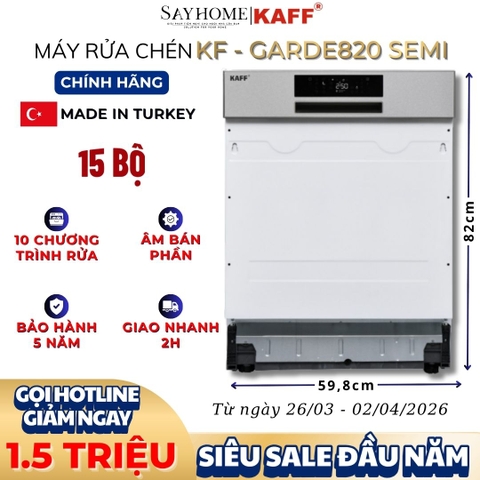 Máy rửa chén KAFF KF-GARDE820 SEMI âm bán phần 15 bộ đồ ăn Châu Âu - Hàng chính hãng